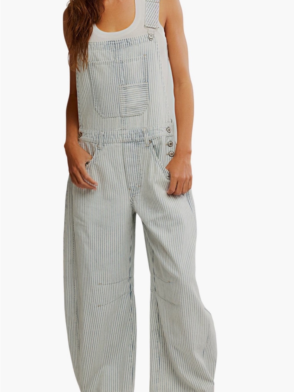 Free People Blue and White Striped Wide-Leg Denim Overalls